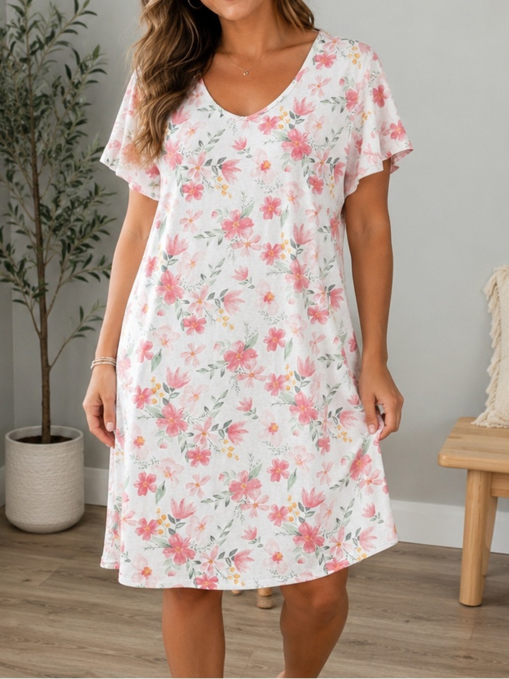 E. Mensing Floral Swing Dress White Pink Flutter Sleeve Stretch Size Approx. XL